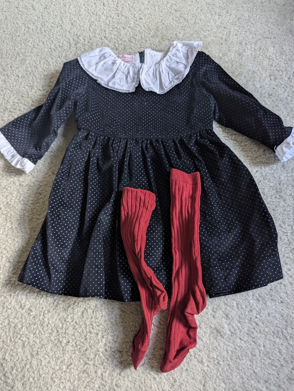 La Coqueta Kids classic navy polka-dot velvet dress and Red Tights (3T)